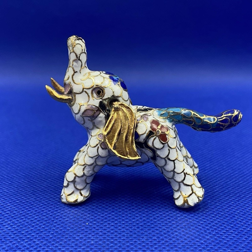 Vintage Cloisonne Gilt Elephant Figurine Enameled White /Gold 2" X 3"